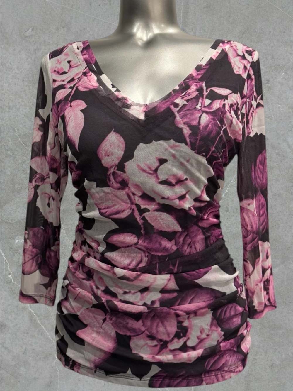 INC International Concepts Pink & Black Floral V-Neck Ruched Long Sleeve Top